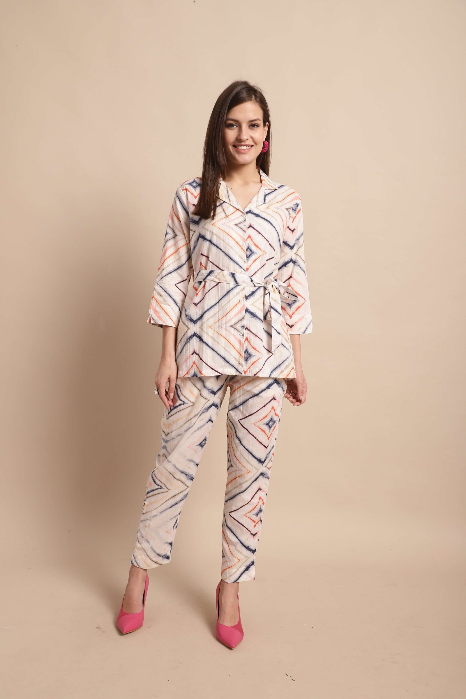 Women's Pure Cotton Printed Collared Top and Pant Co-ord Set (White)